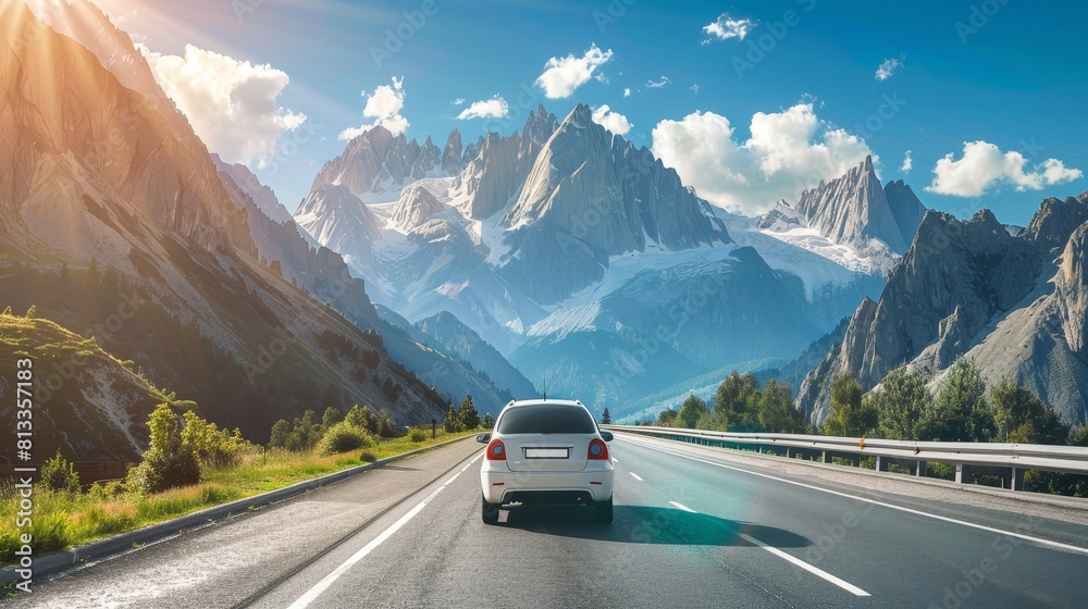 Scenic shot of a white car driving on a highway with towering rocky mountains and a blue sky in bright lighting Scenic shot of a white car driving on a highway with towering rocky mountains and a blue sky in bright lighting