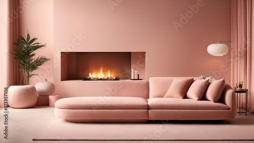 Embrace the understated elegance of minimalist interior design in your home s living space  featuring a stylish sofa and inviting pouf set against a blush pink backdrop  illuminated