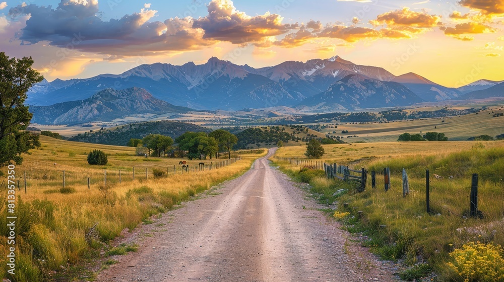 Scenic country road framed by rocky mountains in the distance, lit by vibrant sunlight, perfect for capturing natural beauty Scenic country road framed by rocky mountains in the distance, lit by vibrant sunlight, perfect for capturing natural beauty
