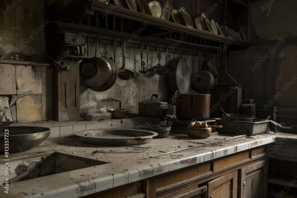 A deserted inn kitchen with tarnished cookware, dusty countertops, and cobwebbed corners, echoing with the distant echoes of culinary, Generative AI A deserted inn kitchen with tarnished cookware, dusty countertops, and cobwebbed corners, echoing with the distant echoes of culinary, Generative AI