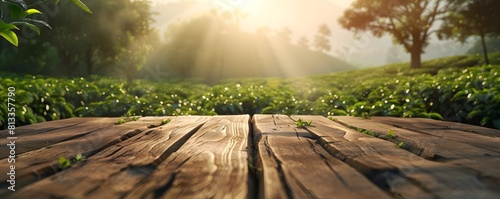 Wooden pedestal amidst morning light at tea plantation, pure and fresh ambiance, offering copy space for product display, with blurred tea leaves and sun rays in background