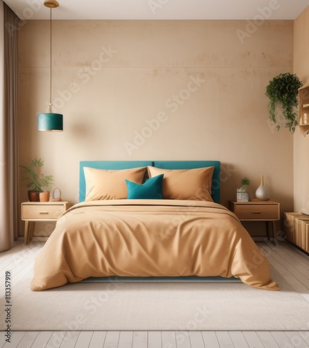 Modern Bedroom Interior With Beige Walls  Bed And Nightstand. Interior Mockup In A Light Brown Color