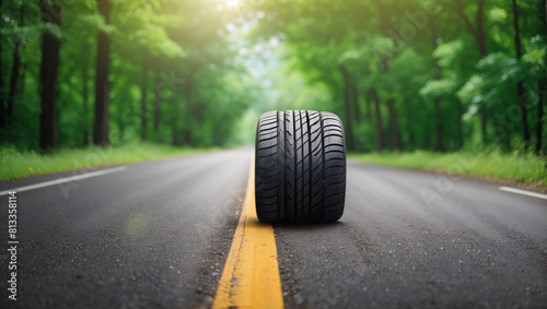 A close up of a single black tire on a paved road.