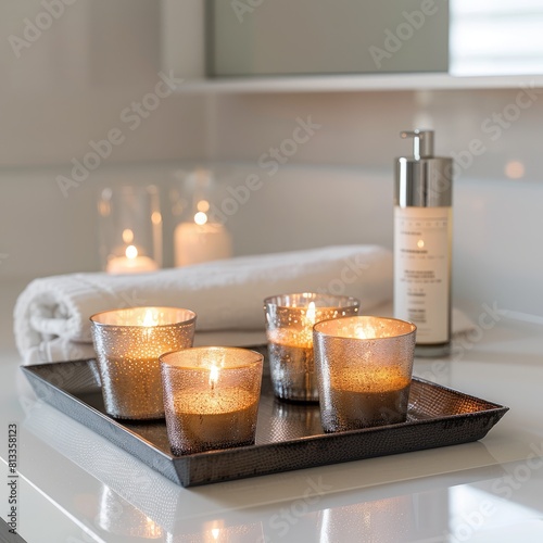 A touch of glamour is added to the bathroom with a chic display of shimmering candles on a modern tray creating a spalike atmosphere 