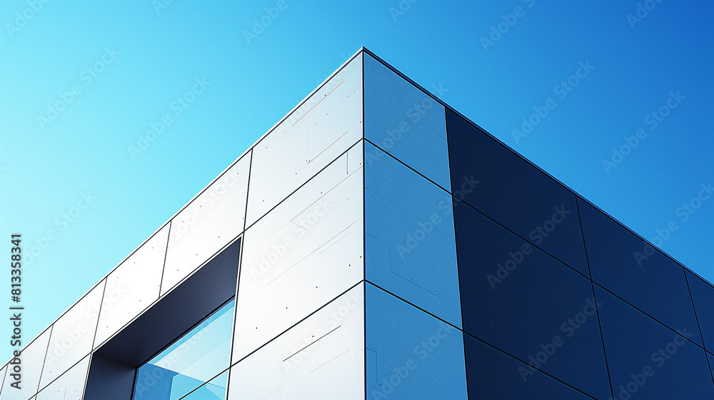 A stark minimalist cubic house with a sharp contrast between black and white panels, under a clear blue sky. A stark minimalist cubic house with a sharp contrast between black and white panels, under a clear blue sky.