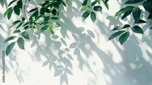 Abstract silhouette shadow white background of natural leaves tree branch falling on wall.  