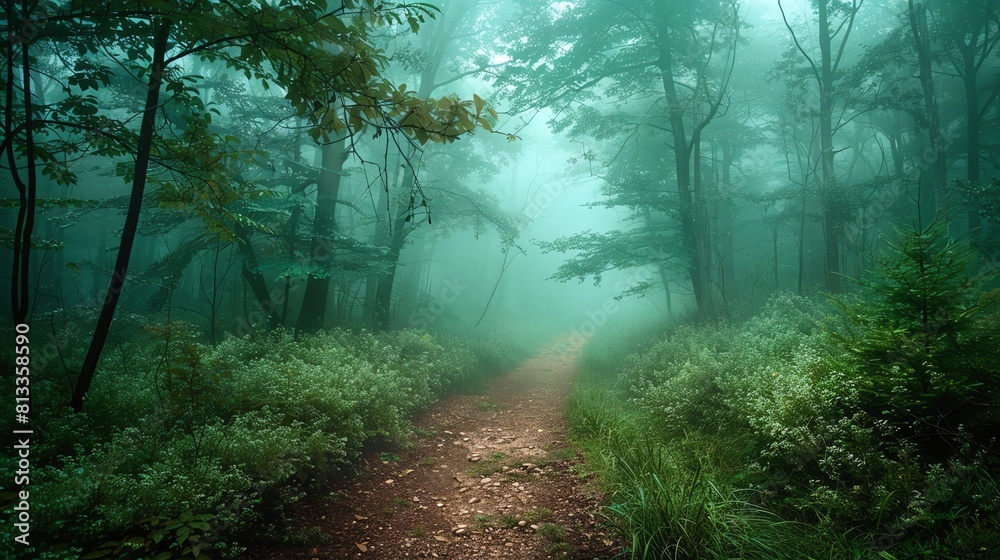 Fototapeta premium The image is a beautiful landscape photograph of a foggy forest. The path leading into the forest is surrounded by tall trees and lush greenery.