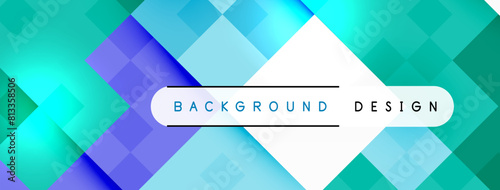 An electric blue and aqua background design with squares in parallel symmetry, featuring triangles and rectangles. The font used is azure with a pattern of blue and white