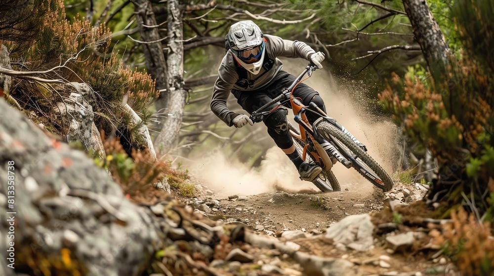 Downhill mountain biker rides through the forest on a rocky trail. He is wearing protective gear and a helmet. The bike is in mid-air. Downhill mountain biker rides through the forest on a rocky trail. He is wearing protective gear and a helmet. The bike is in mid-air.
