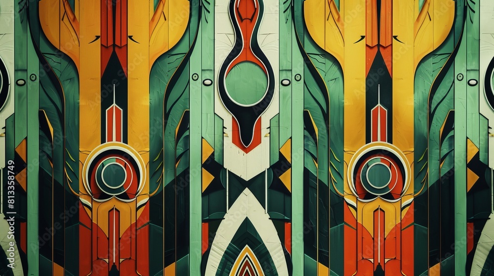 Retro-modern fusion of lively structured patterns and vivid avocado, echoing the art deco revival Retro-modern fusion of lively structured patterns and vivid avocado, echoing the art deco revival