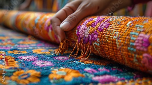 Marvel at the intricate patterns and vibrant colors of handcrafted textiles, each thread woven with care and precision to create a tapestry of beauty and culture. photo