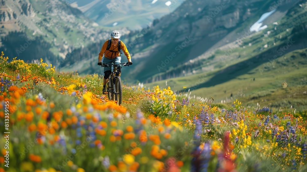 A mountain biker rides through a field of wildflowers. The biker is wearing a helmet and protective gear. The bike has full suspension.
