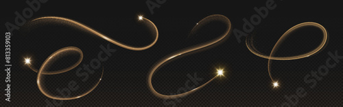 Gold star with magic curve trail on transparent background. Realistic vector illustration set of bright glowing twinkle with flare tail and sparkles. Motion of falling and shooting fairy meteor.