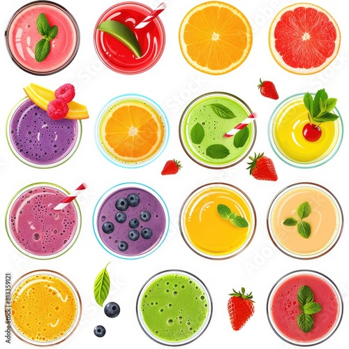 Big set of various smoothies isolated on transparent background  