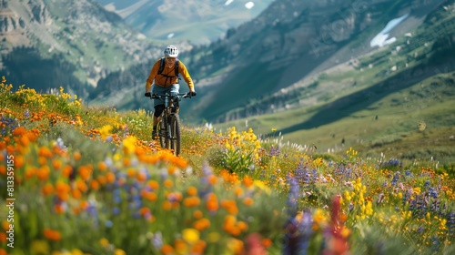 A mountain biker rides through a field of wildflowers. The biker is wearing a helmet and protective gear. The bike has full suspension.