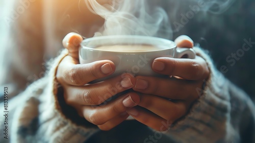 A pair of hands holding a steaming cup of coffee. photo