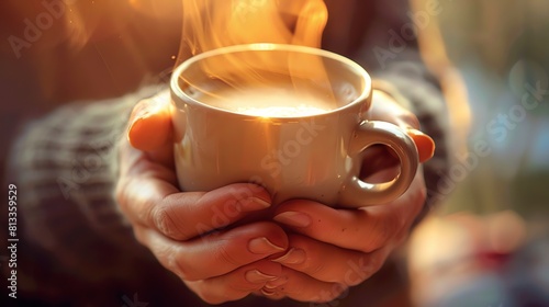 A hot cup of coffee at sunrise time
