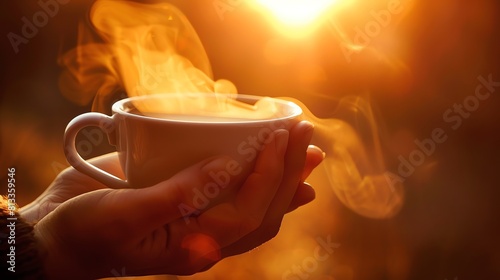 A hot cup of coffee at sunrise time