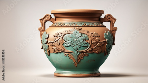 A clay vase with two handles and a decorative floral pattern around the center.