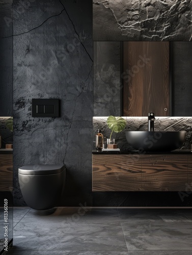 small bathroom designed in a minimalist black style. The interior features natural stone textures, a clear wet and dry separation, a smart toilet, and a solid wood bathroom cabinet 