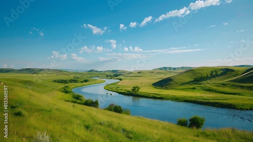 A serene countryside scene with rolling hills and a winding river under a vast blue sky.
