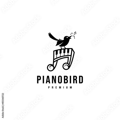 piano and singing bird illustration for music key notes logo design inspiration