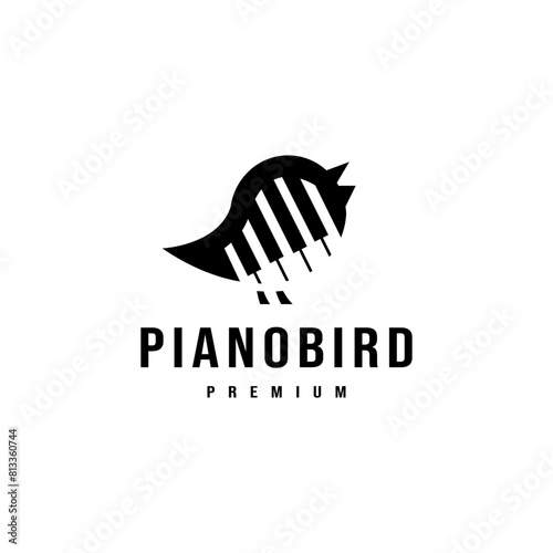 piano and singing bird illustration for music key notes logo design inspiration 2