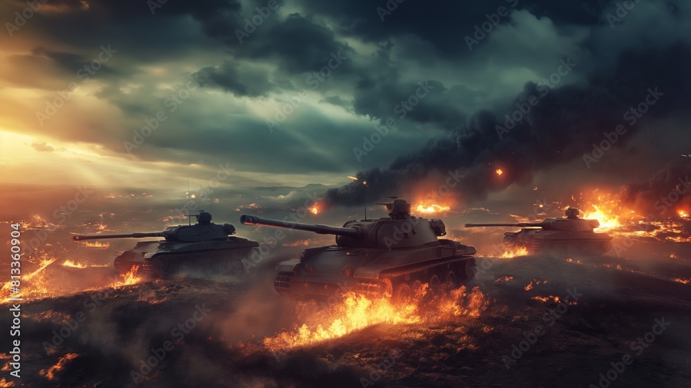 Battle tanks in fiery battlefield under dark clouds