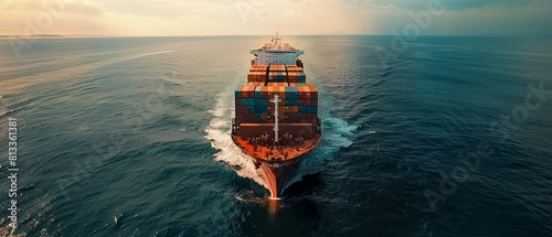 A drones view of a container ship navigating through the open sea, illustrating the scale and complexity of international freight transportation 8K , high-resolution, ultra HD,up32K HD photo