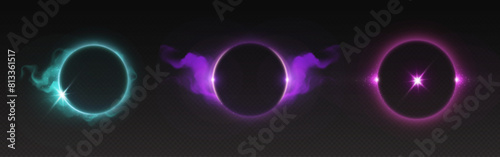 Set of halo neon light effects isolated on transparent background. Vector realistic illustration of turquoise, purple, pink rings glowing in darkness, round energy frame in cloud of mist with sparkles