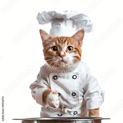 Cute fluffy kitty Cat Chef with costume ready to cooking for dinner isolated on clear png background,   © Chaynam