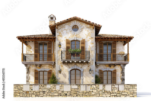 French country home exterior with stone walls, wooden shutters, and quaint balconies, rendered in 3D against a white background.