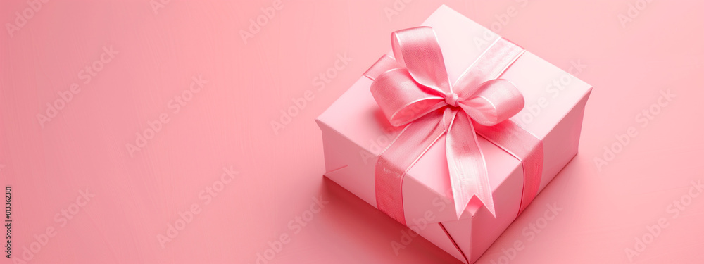 Pink gift box with pink ribbon isolated on pink background space for text, Mothers day , valentines day, anniversary message concept background