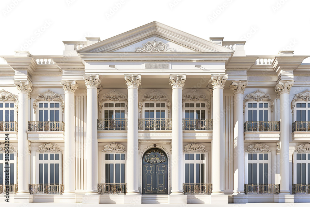 Luxurious mansion exterior in 3D, featuring classical columns, ornate balconies, and a grand entrance, all highlighted on a pristine white background.