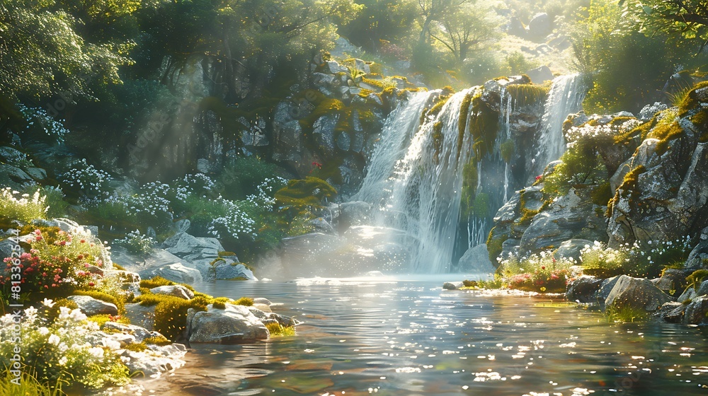 Surrender to the sublime beauty of a cascading waterfall, where crystal-clear waters tumble over moss-covered rocks, creating a symphony of sound and motion.