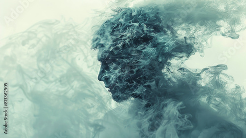 A person's face is obscured by smoke, creating a sense of mystery and unease photo