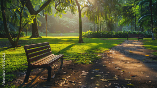A park bench is in the foreground of a park with trees