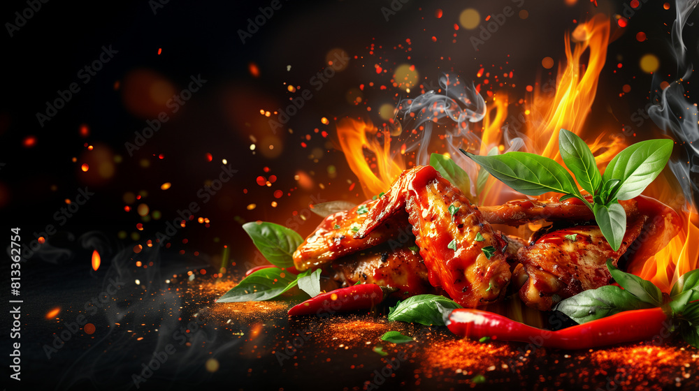 Grilled chicken wing with chilli spicy ingredients and sauce on dark backgroun and copy space. Grilled chicken wing with chilli spicy ingredients and sauce on dark backgroun and copy space.
