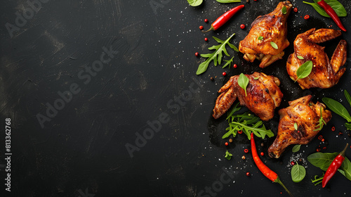 Grilled chicken wing with chilli spicy ingredients and sauce on dark backgroun and copy space.
