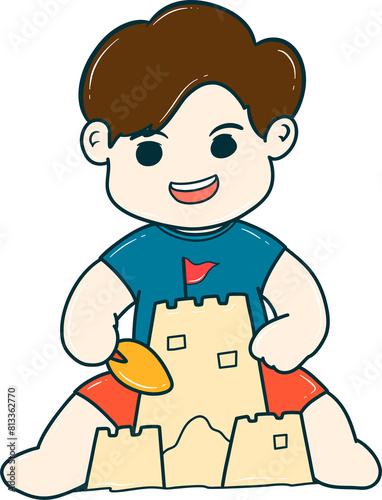 young boy is playing with a sand castle
