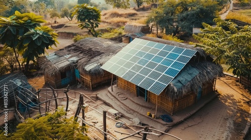 the installation of solar panels in a remote village in India, showcasing how renewable energy is transforming power access in off-grid communities