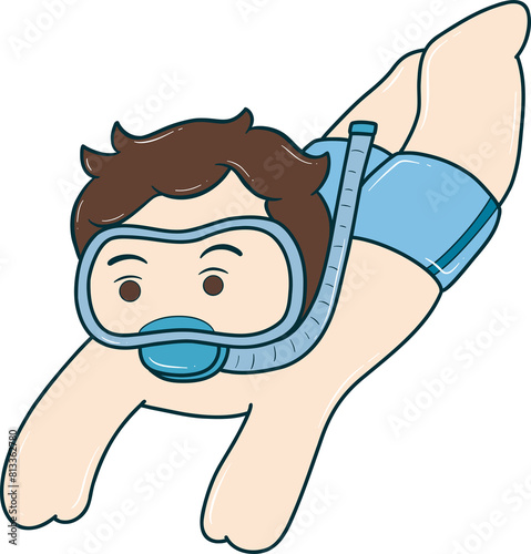 cartoon of a boy in a blue swimsuit and snorkel