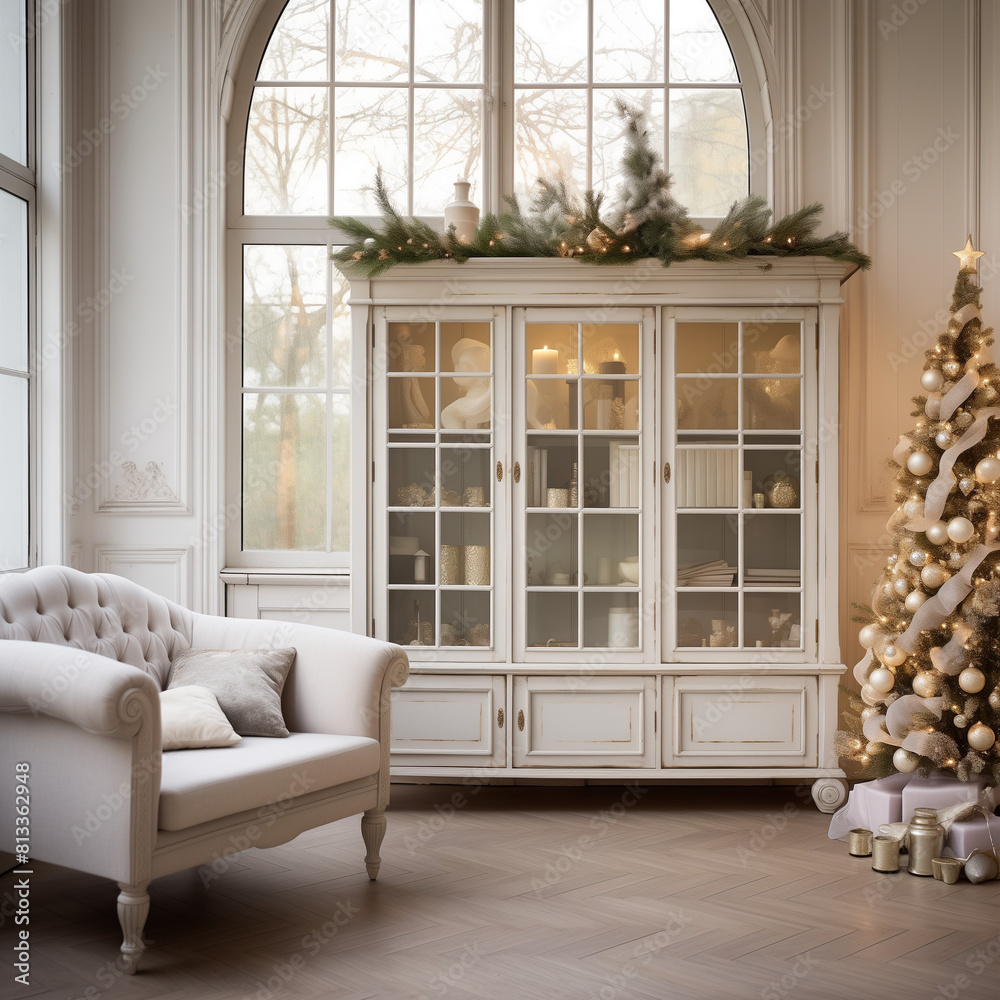 Fototapeta premium Christmas decorated bright living room with Christmas tree, armchair and rustic white wooden cabinet