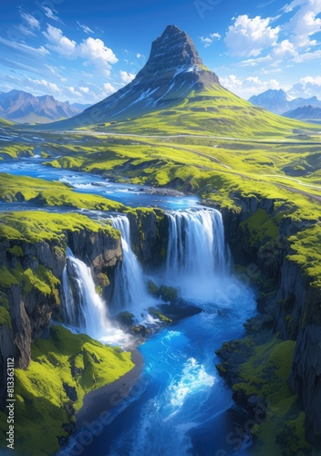 a waterfall in the distance  green grass on both sides  high resolution  green and white  Icelandic landscape  high quality photo  a huge water fall with green grass around it  green grassy field  bea