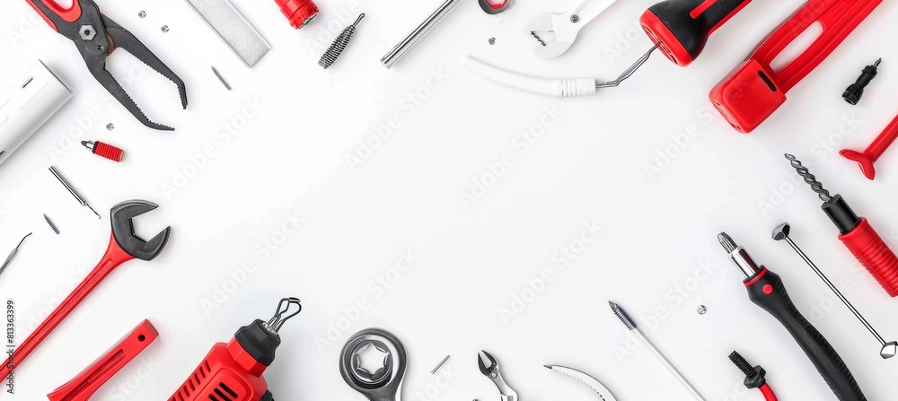 A flat lay composition of various electrical tools and equipment on a white background with copy space, including pliers, a multimeter, wires, a light switch and wires.