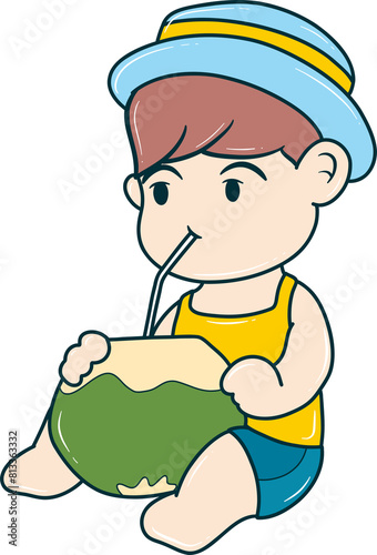 cartoon boy is drinking from a coconut