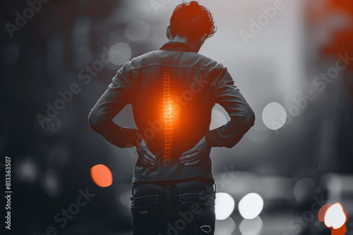 Human body, glowing spine, abstract background, symbolizing back pain. Concept: back pain.