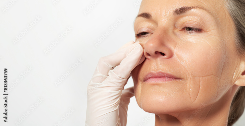 Beauty woman receiving cosmetic injection in face on white background. Cosmetic procedure Beauty woman receiving cosmetic injection in face on white background. Cosmetic procedure