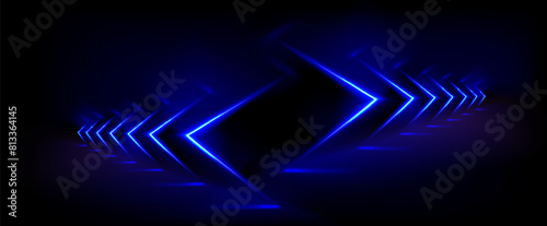 Black background with blue neon glow abstract arrow. Realistic 3d vector illustration of bg with luminous digital lines showing direction. backdrop with technology bright laser geometric shape.
