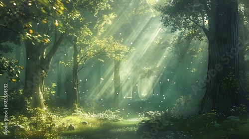 A tranquil forest scene with sunlight filtering through the trees  ideal for a calming nature background.